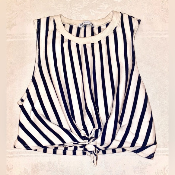 Zara Tops - Zara Navy Blue + White Sleeveless Vertical Striped Front Tie Crop Top Size Small